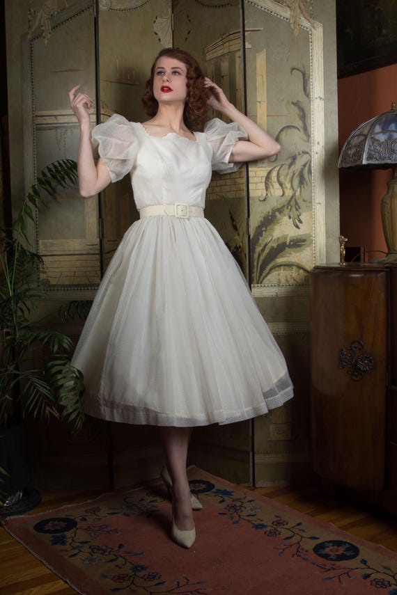 1950s Wedding Dress - Cupcake Sweet Vintage 50s Party or Wedding Gown in Crisp Flocked Nylon Chiffon with Puffed Sleeves