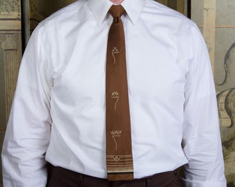 Vintage 1960s All Silk Swanky Square Bottom Necktie in Brown with Geometric Embellishment