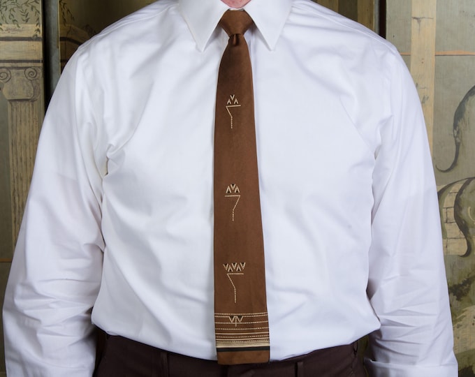 Vintage 1960s All Silk Swanky Square Bottom Necktie in Brown with Geometric Embellishment
