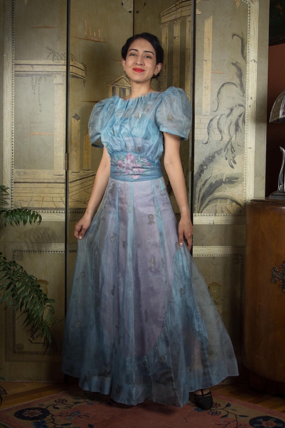 1930s Dress - Uniquely Wonderful 3 Piece Vintage 30s Sheer Summer Puffed Sleeve Silk Dress With Unusual Slip and Appliqued Layering Skirt