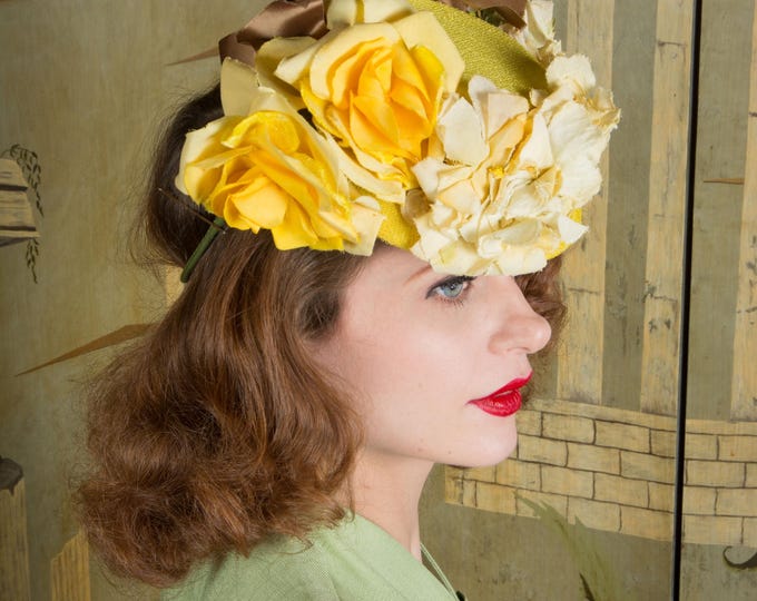 1940s Hat - Showstopping Yellow Vintage 40s Tilt Hat with Lush Roses and Posies, Brown Satin Bows by Lazarus Hats