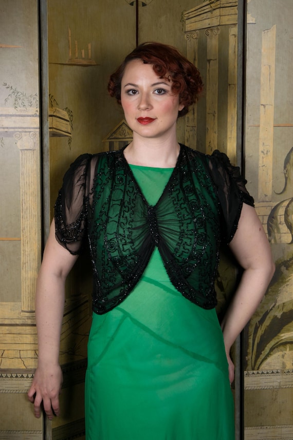 1930s Blouse - Glamorous Ultra Sheer 30s Cocktail Over Blouse with Jet Beading, Draped Bust and Ruched Sleeves