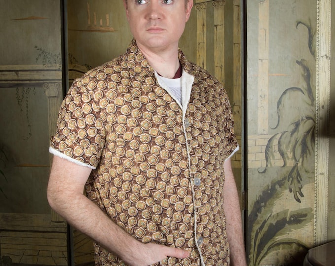 Vintage 1960s SANDY ISLES Cabana Shirt in Nautical Compass Print with White Terry Cloth Lining