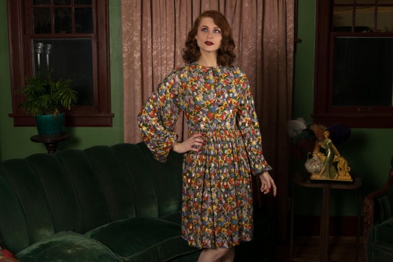 1960s Dress - Dazzling Designer MOLLIE PARNIS Floral and Gold Lamé Cocktail Dress with Balloon Sleeves