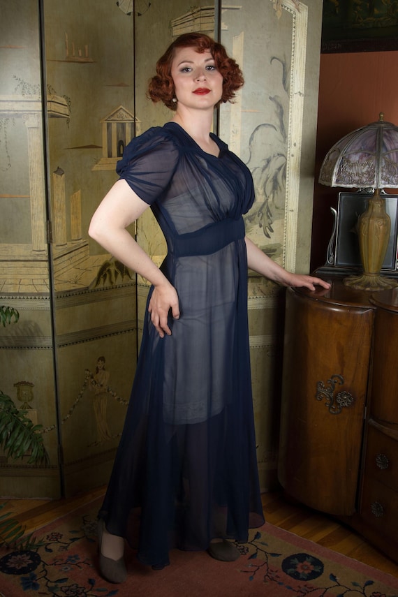 1930s Dress - Sheer Navy Late 30s Puff Sleeve Gown with Wide Waist of Rayon Chiffon
