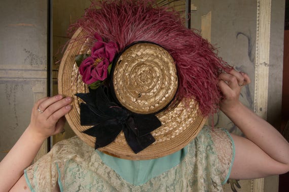 1910s Hat - Dramatic Sculpted Wide Brimmed Antique Edwardian Straw Hat with Ostrich Feathers and 1950s Velvet Flower and Ribbon