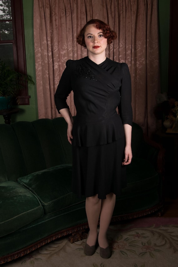 1940s Dress - Saucy New York Creation 40s Fringed Cocktail Dress in Ruched Black Rayon