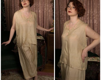 1920s Pyjamas - Vintage 20s Pongee Silk Loungewear Two Piece Pajamas in Natural Ecru with Pink Trim