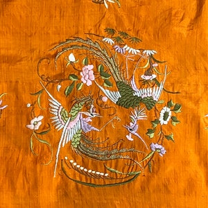 Antique Scarf Gorgeous Vintage 20s Chinese Silk Scarf with Vibrant Orange with Pastel Bird and Floral Embroidery image 7