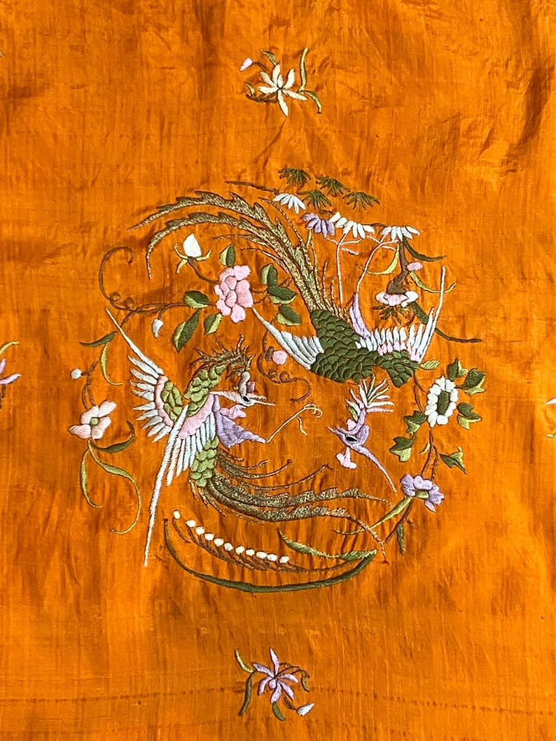 Antique Scarf Gorgeous Vintage 20s Chinese Silk Scarf with Vibrant Orange with Pastel Bird and Floral Embroidery image 7