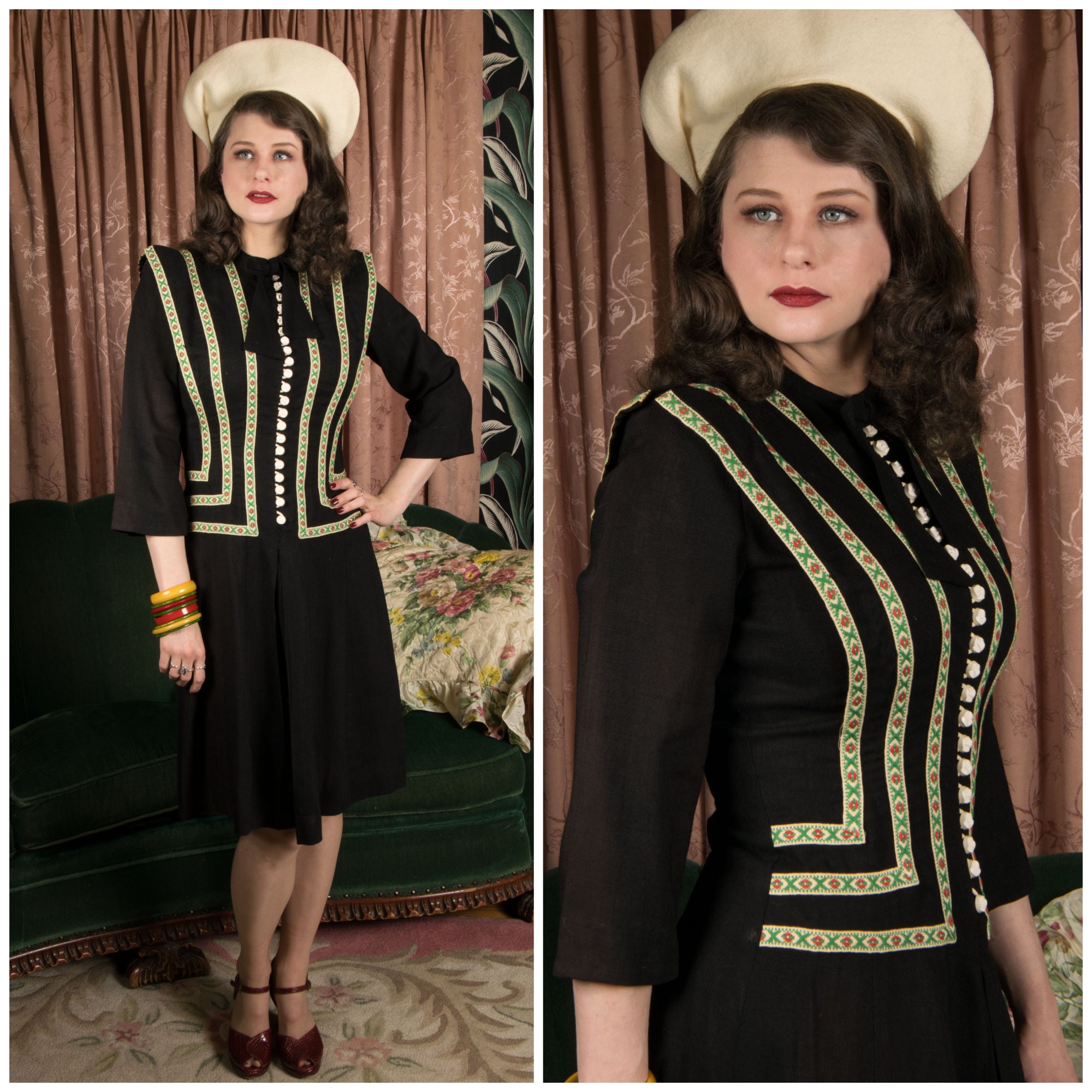 1940s Dress - Fantastic Vintage 40s Juniors Dress in Black Linen  