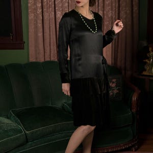 1920s Dress - Vintage 20s Dress Silk Satin Little Black Dress with Silk Velvet Tiered Skirt As Is Repaired Wounded Bird