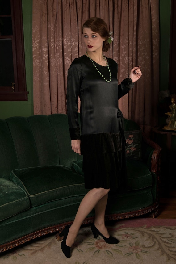 1920s Dress - Vintage 20s Dress Silk Satin Little Black Dress with Silk Velvet Tiered Skirt As Is Repaired Wounded Bird