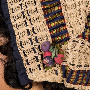 Antique Cap Gorgeous Antique Victorian Silk Cap in Tartan Plaid, Cordé Lace and Navy Silk with Silk Covered Berries Detail image 6