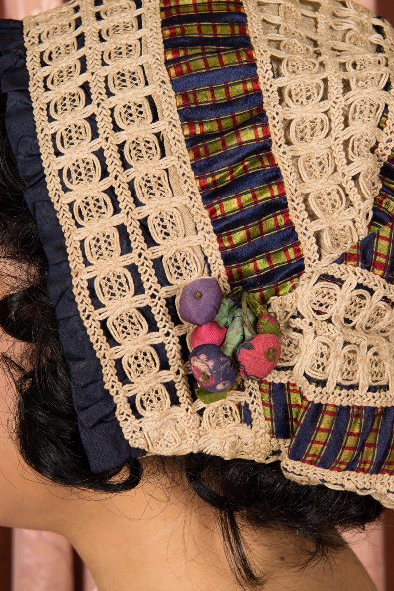 Antique Cap Gorgeous Antique Victorian Silk Cap in Tartan Plaid, Cordé Lace and Navy Silk with Silk Covered Berries Detail image 6