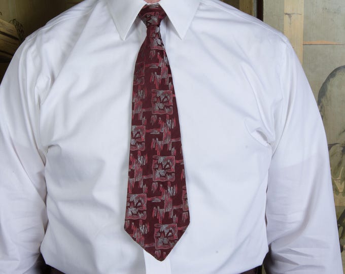 Vintage 1930s 40 Brocade Tie in Burgundy with Red and Silver Jacquard