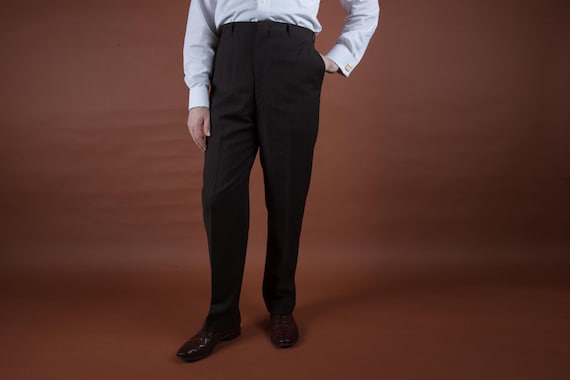 Vintage 1950s 1960s Cool Brown Woven Wool Slacks Pants Flat Fronted with Cuff