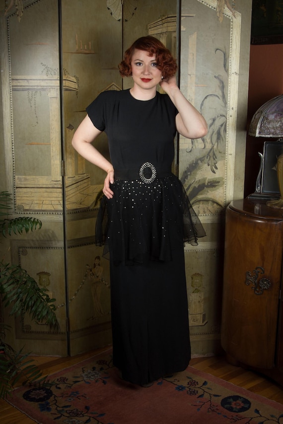1940s Dress - Dramatic 1940s Black Rayon Evening Gown with Star Shaped Studs on a Net Peplum