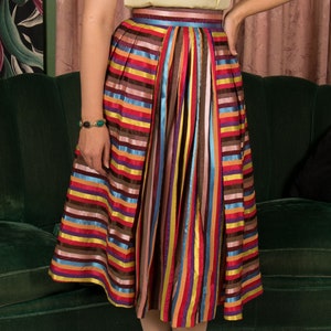 1950s Skirt Vintage 50s Lush Rainbow Striped Pleated Skirt with Wide Waistband image 1