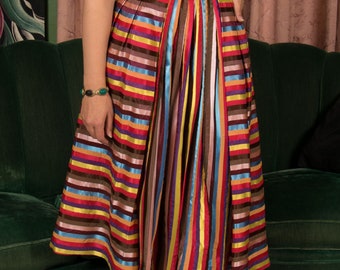 1950s Skirt - Vintage 50s Lush Rainbow Striped Pleated Skirt with Wide Waistband