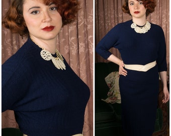 1950s Sweater Set - Bombshell 50s Knit Set in Navy Blue Wool with Square Ribbing on the Pullover Set and Rib Knit Skirt