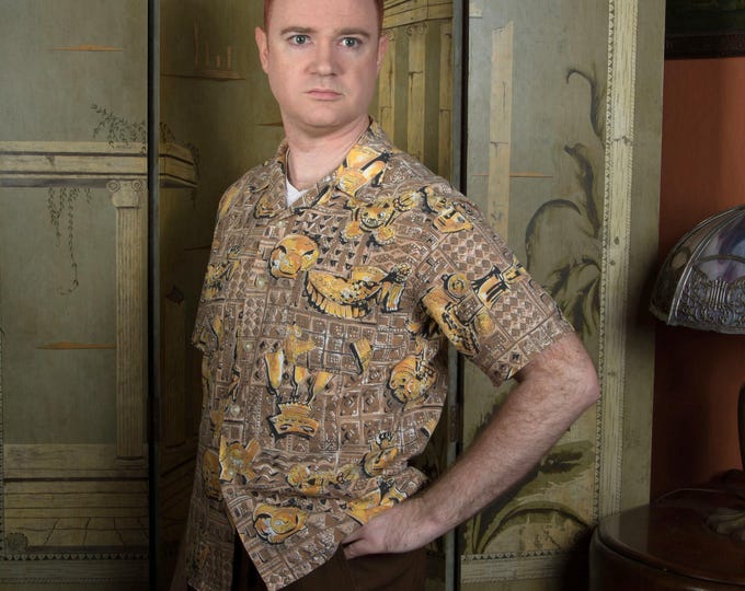 Vintage 1950s WHITE STAG Aloha Style Cotton Loop Collar Shirt in Mesoamerican Motifs