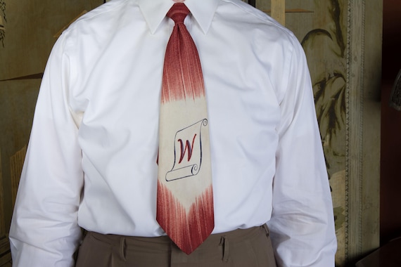 Vintage 1940s Striking Airbrush Print Tie with Handpainted Initial Letter "W"