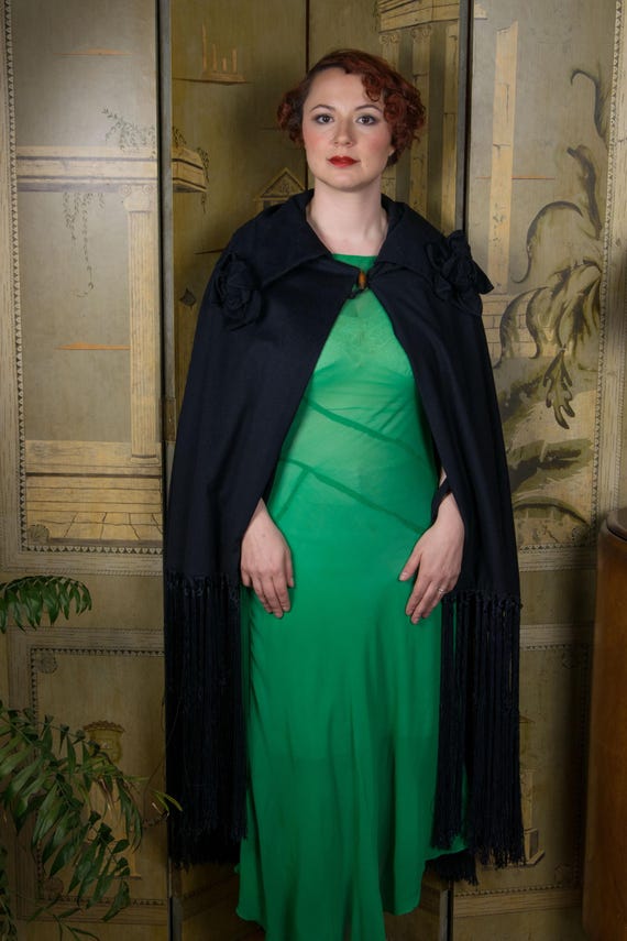 1920s Cape - Elegant Vintage 1920s Fringed Wool Evening Cape with Three Dimensional Rosettes and Freshly Replaced Lining