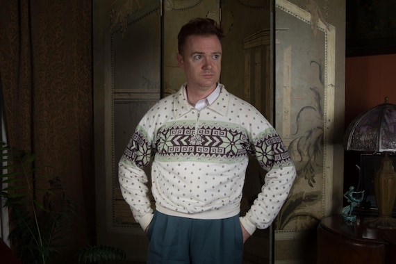 1950s Style Vintage Japanese Repro Cotton Knit Pullover Fair Isle Print Sweatshirt Sweater Gaucho with Quarter Zip