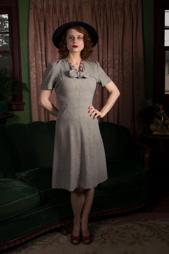 1930s Dress - Cutest Heathered Grey Wool Late 30s Junior's Day Dress with Self-fabric Bow Tie