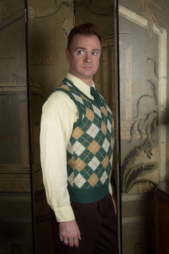 Vintage 1960s Pullover Sweater Vest in Green, Butter Scotch and White Argyle Knit of Orlon Acrylic