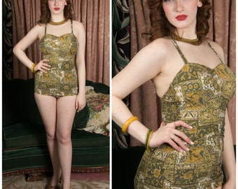 1960s Swimsuit - Lush Olive Green and Mustard Paisley Print Bathing Suit by Jantzen