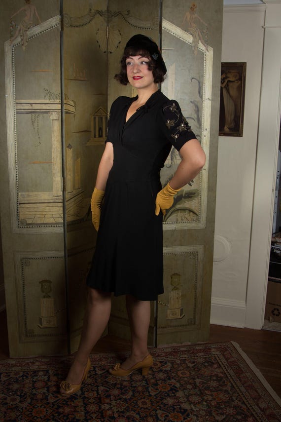 1940s Dress - Fantastic Rayon Crepe Black 40s Cocktail Dress with Sequined Puff Sleeves