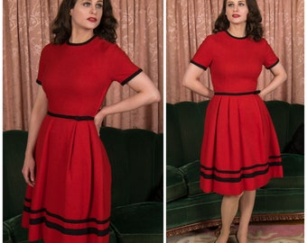 1960s Dress - Vibrant Red Soft Flannel Early 60s Winter Day Dress with Wide Black Banded Skirt
