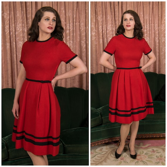 1960s Dress - Vibrant Red Soft Flannel Early 60s Winter Day Dress with Wide Black Banded Skirt