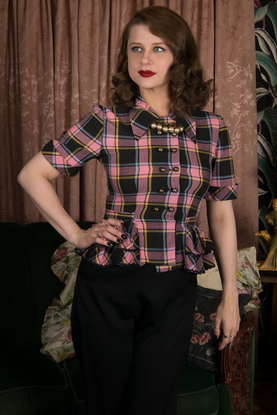 1940s Blouse - Adorable Windowpane Plaid Cotton Peplum Early 40s Short Sleeved Top in Pink, Black, Yellow and Blue