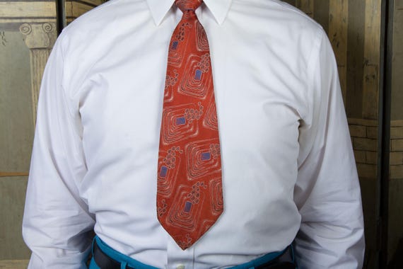 Vintage 1930s Brocade Tie in Rust Brown and Blue of Rayon and Acetate