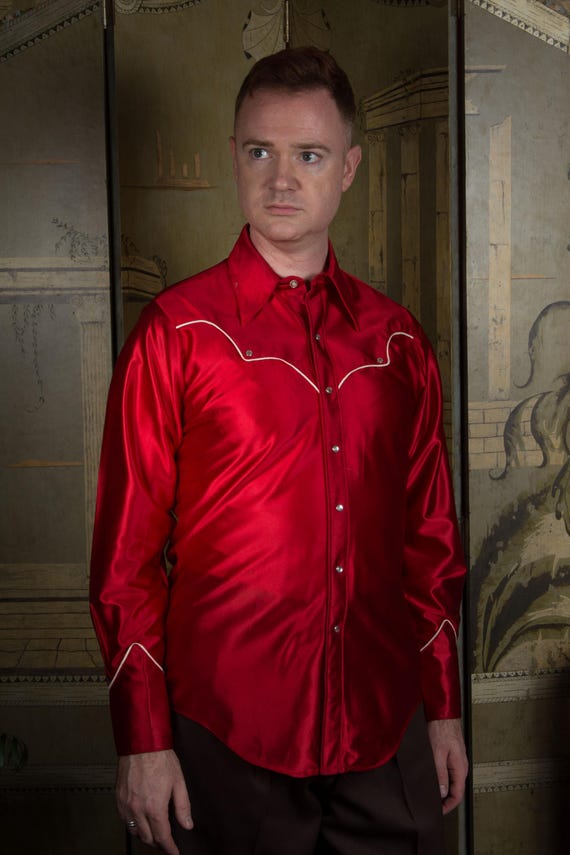 Vintage 1970s Rockmount Satin Western Wear Pearl Snap Shirt in Deep Red with White Piping Trim