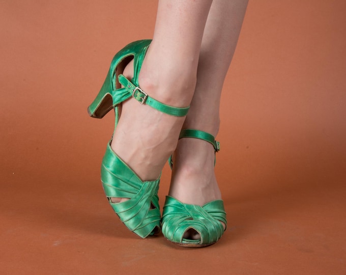 1930s Shoes - Size 7 N -  Gleaming  Vintage 30s Jade Green Satin Ankle Strap Satin Dance Slippers by Qualicraft