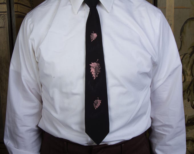 Vintage 1950s Pink and Black Hand Painted Necktie in with Falling Leaves