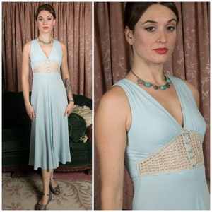 1970s Dress - Vintage 1970s Powder Blue Crocheted Midriff Waist Dress with Rhinestone Buttons