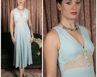 1970s Dress - Vintage 1970s Powder Blue Crocheted Midriff Waist Dress with Rhinestone Buttons