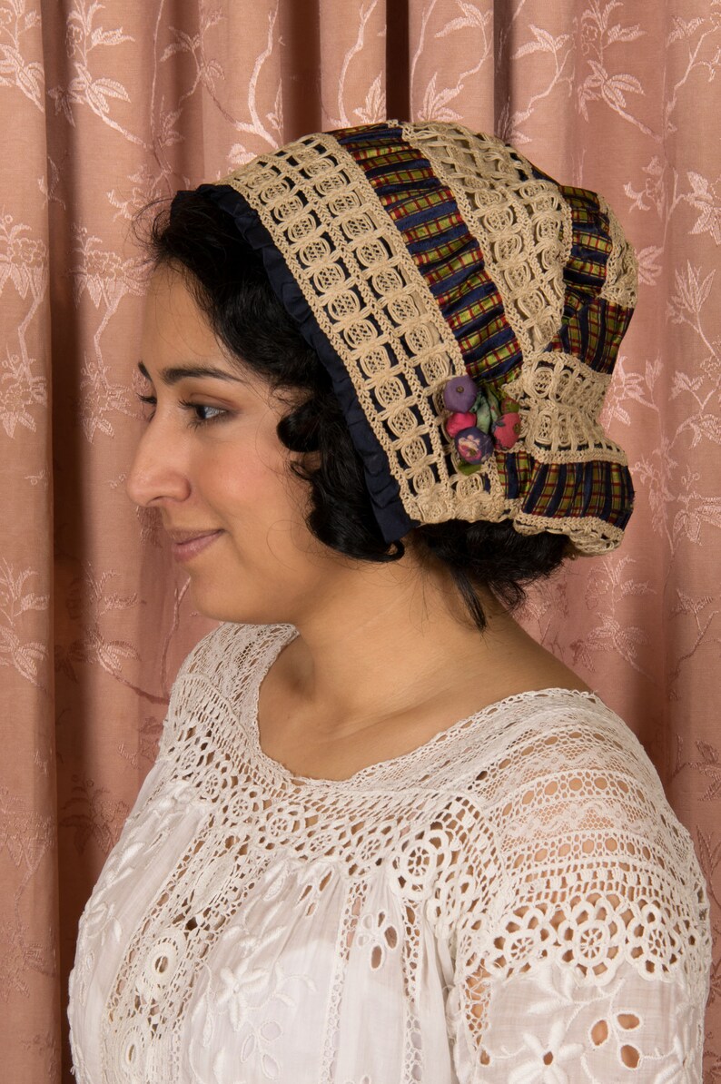 Antique Cap Gorgeous Antique Victorian Silk Cap in Tartan Plaid, Cordé Lace and Navy Silk with Silk Covered Berries Detail image 5