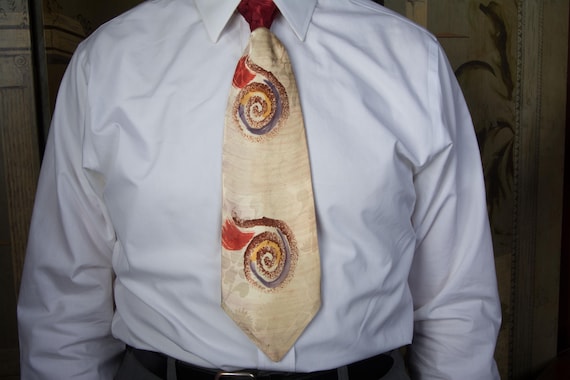 Vintage 1940s Lustrous Shiny Satin Wide Tie in with Painted Nautilus Swirls and Contrast Knot