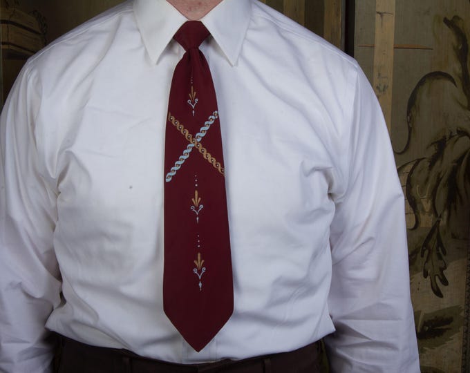 Vintage 1950s Lustrous Wine Red Tie in with Blue and Gold Screen Print