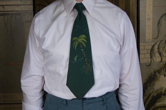 Vintage 1950s Hand Painted Souvenir Necktie in Deep Spruce Green with Palm Tree and Cactus