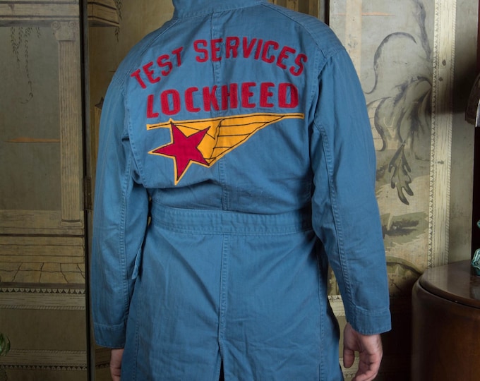 Vintage 1950s Herringbone Denim Mechanic Shop Coat Chain Stitched Lockheed Test Services Aviation History Union Made