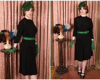 1940s Dress - Quintessential Vintage 40s Black Rayon Cocktail Dress with Asymmetric Draping