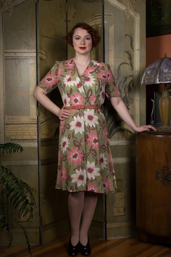 1940s Dress - Charming Floral Rayon Wrap + Zipper Dress in Sage Green, White, Coral Pink and Brown