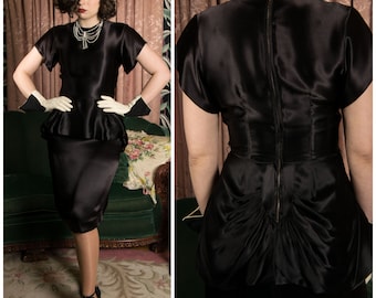 1940s Dress - Incredibly Glossy Black Silk Charmeuse Vintage 40s Cocktail Dress with Peplum and Pleated Bustle